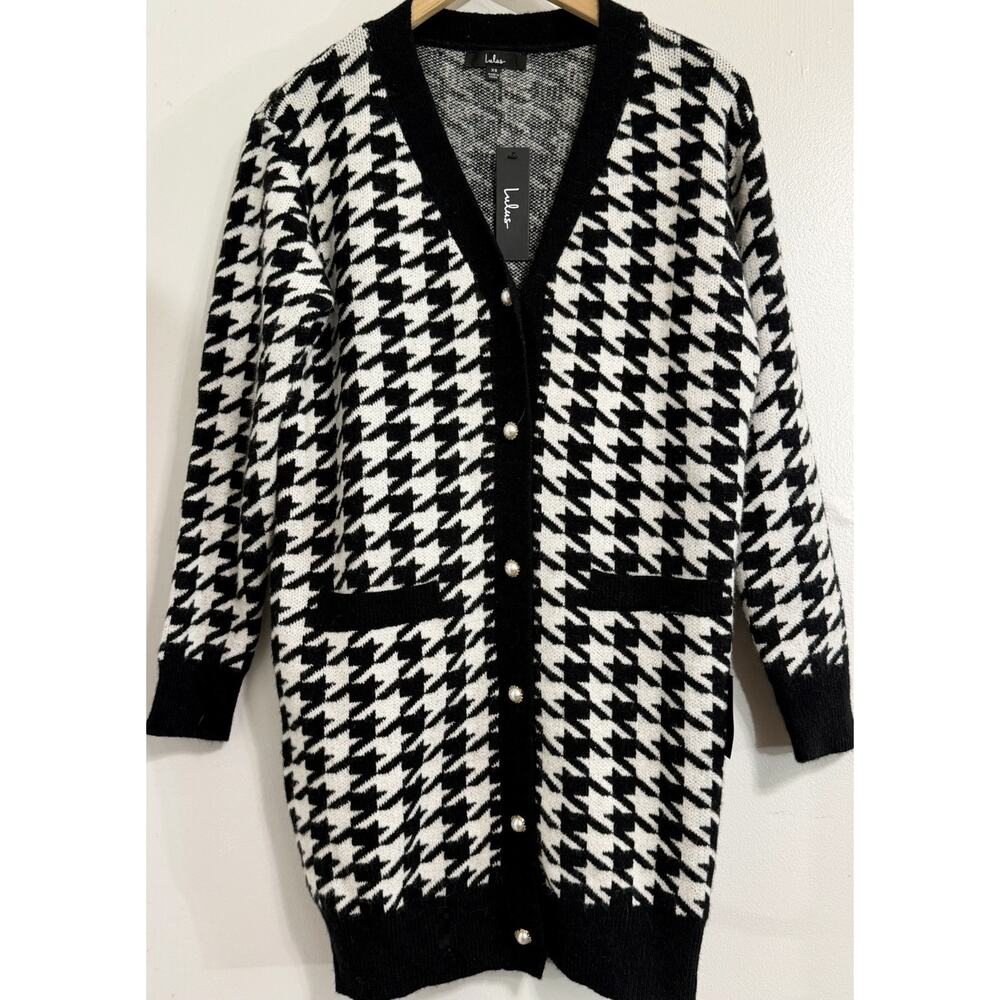 NEW Lulus Truly Iconic Black White Houndstooth Cardigan Sweater Dress Size XS